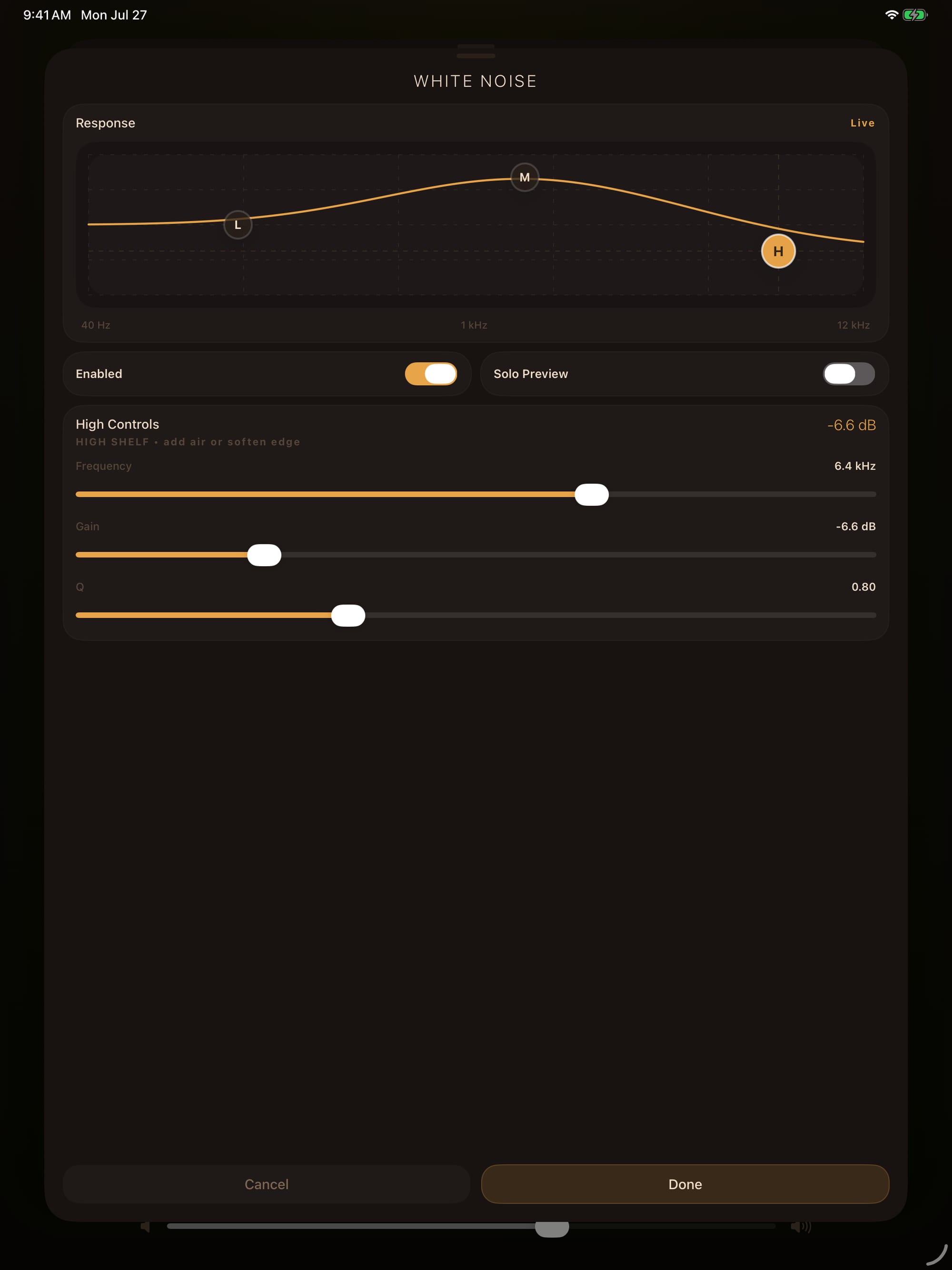 The per-sound EQ on iPad: a live three-band parametric response curve for White Noise with low, mid, and high nodes, frequency, gain, and Q sliders, and a solo preview toggle.