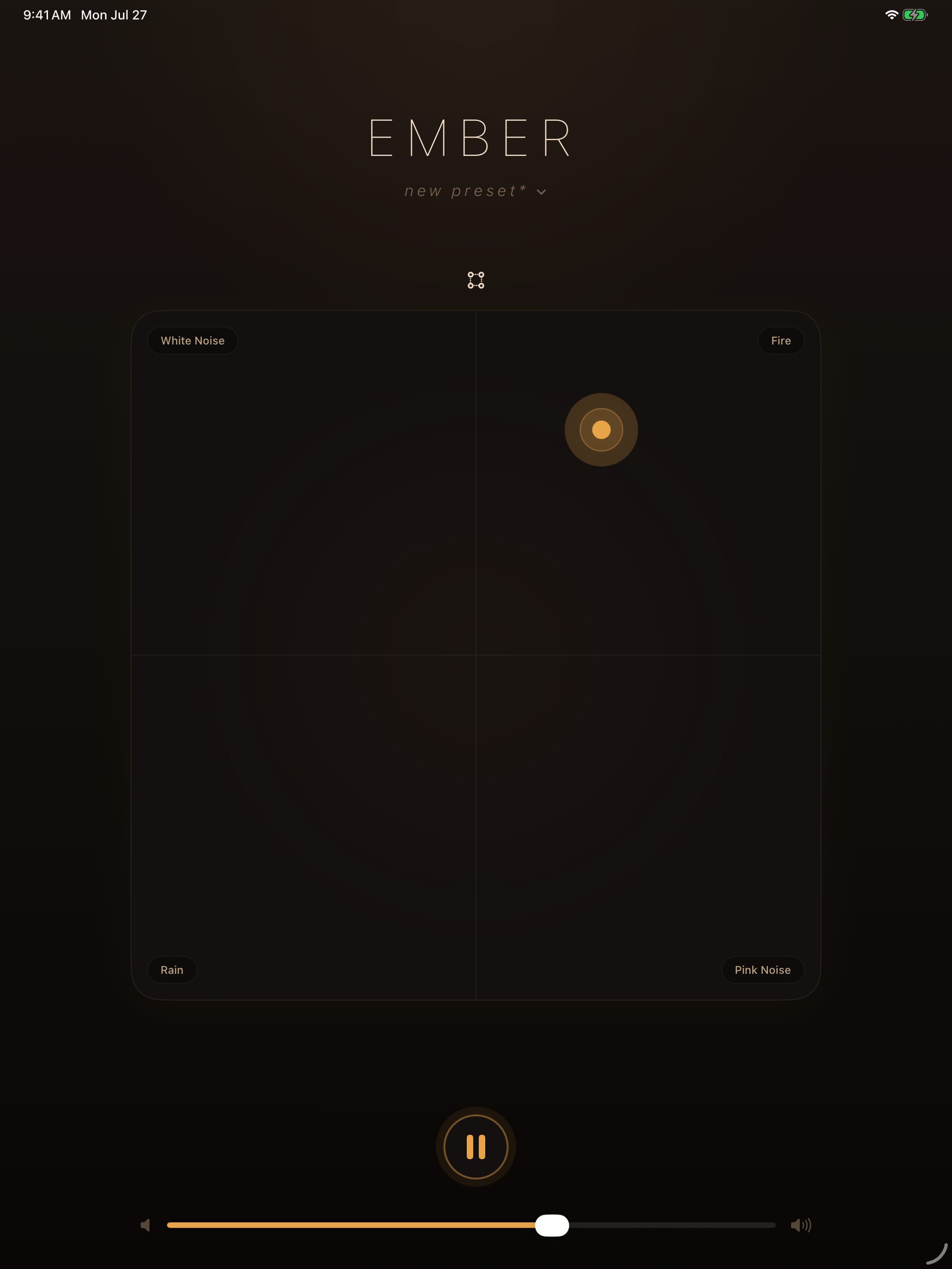 Ember Noise on iPad: a dark four-quadrant mixer with White Noise, Fire, Rain, and Pink Noise in the corners and a glowing amber ember blended toward Fire.