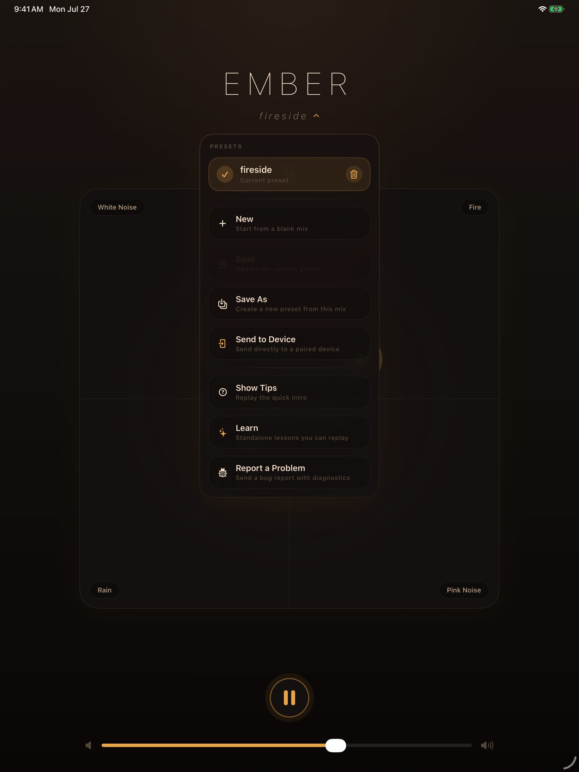 The preset menu on iPad with a saved preset named fireside, options to create, save, and save-as, and Send to Device for direct transfer to a paired device.
