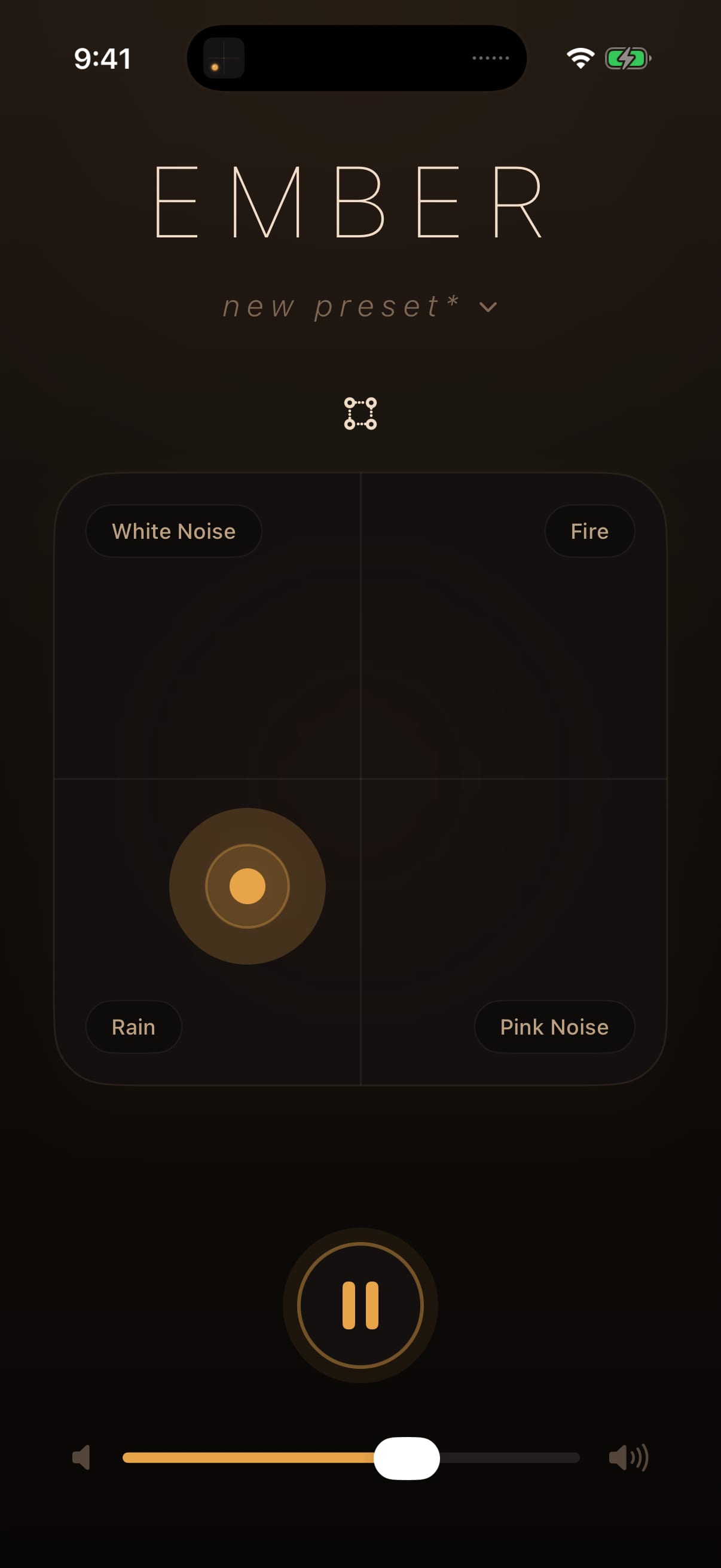Ember Noise on iPhone: the four-corner mixer playing with the amber ember blended toward the Rain corner.